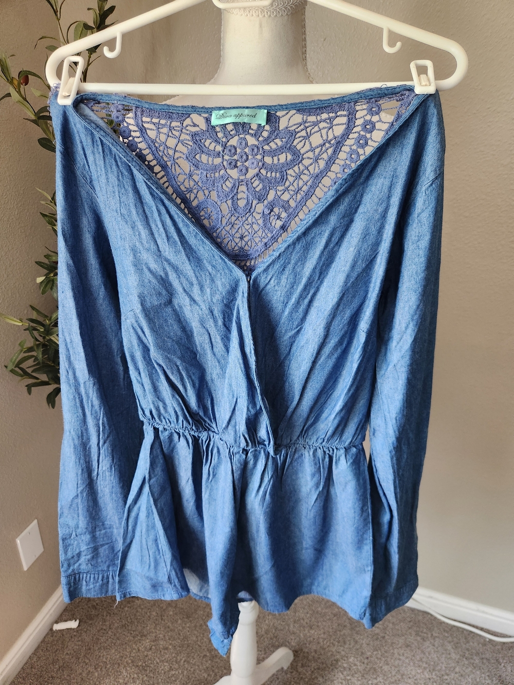 Blue Crochet-Back Long-Sleeve Jumpsuit